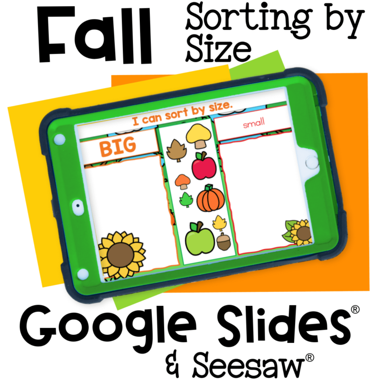 Autumn-themed digital activity for sorting fall objects by size. Preschool and kindergarten students drag items to big or small categories using Google Slides or Seesaw.