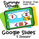 Digital greater than less than comparison activity with summer cloud graphics. Preschoolers drag symbols to compare numbers in a fun, seasonal Google Slides and Seesaw game