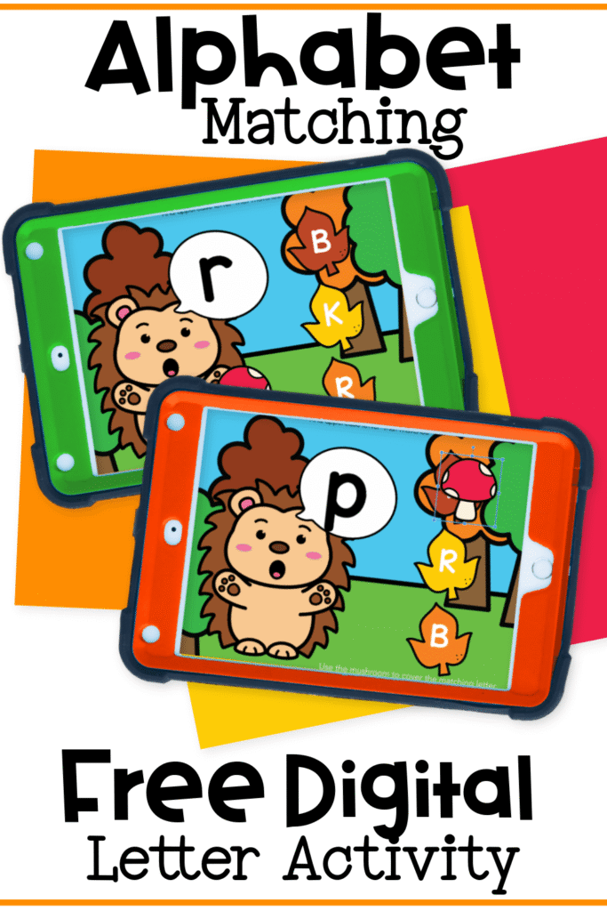 Interactive Seesaw activity showing a hedgehog with a lowercase letter and students selecting the matching uppercase letter from forest-themed leaves.