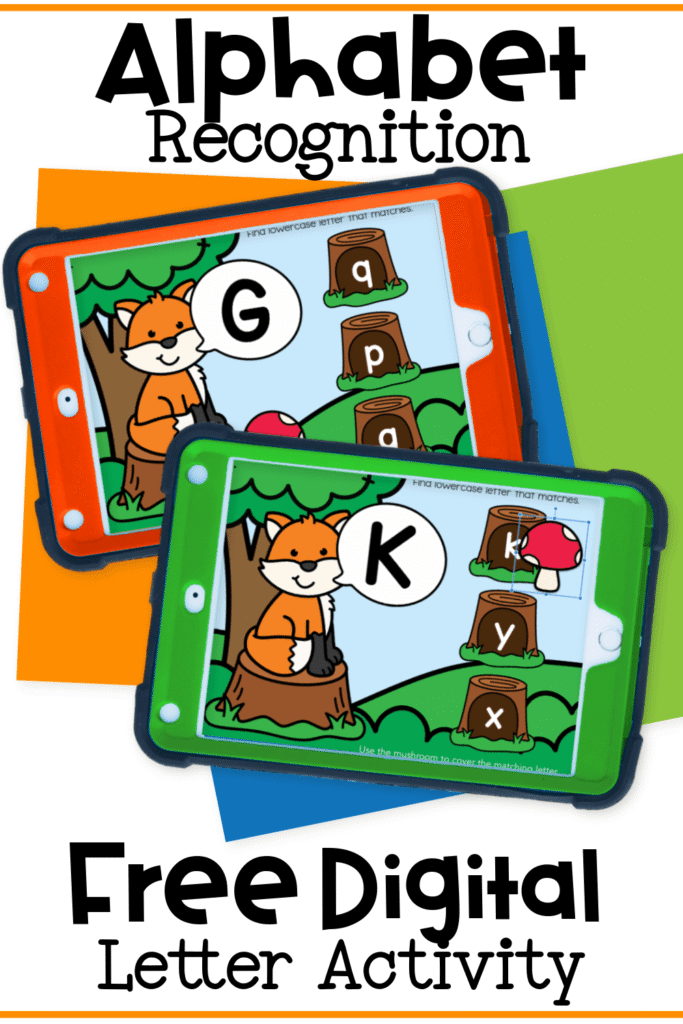 Alphabet recognition activity for preschool and kindergarten featuring side-by-side iPads with a forest-themed digital game. Kids practice matching uppercase and lowercase letters using colorful visuals, tree stump letter choices, and an engaging woodland setting.