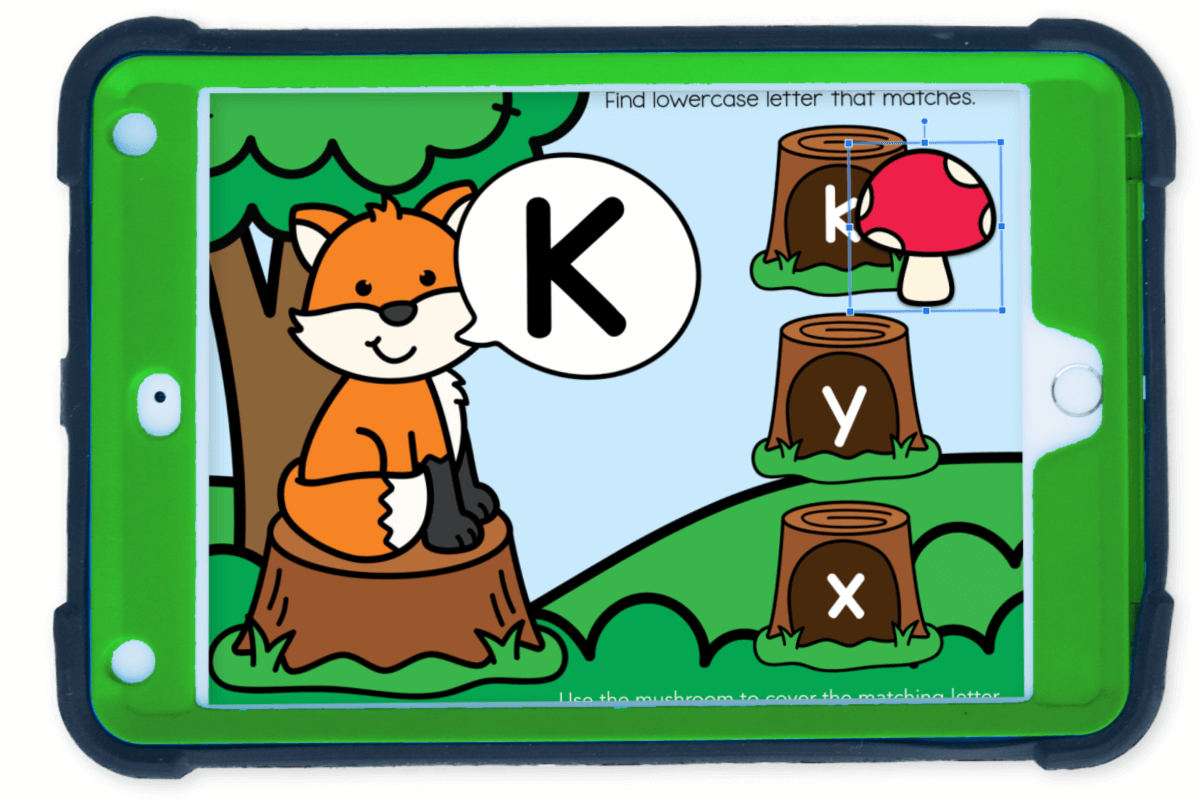 Forest Uppercase and Lowercase Letter Matching Alphabet Activity 7 Digital literacy activity for preschool and kindergarten with a forest background and interactive letter matching task on Seesaw.