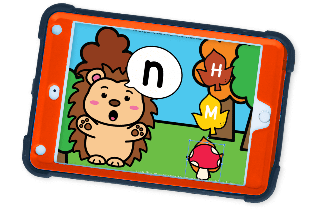 Seesaw activity screen designed for kindergarten alphabet practice, showing a forest background and engaging uppercase and lowercase letter matching task with drag-and-drop.