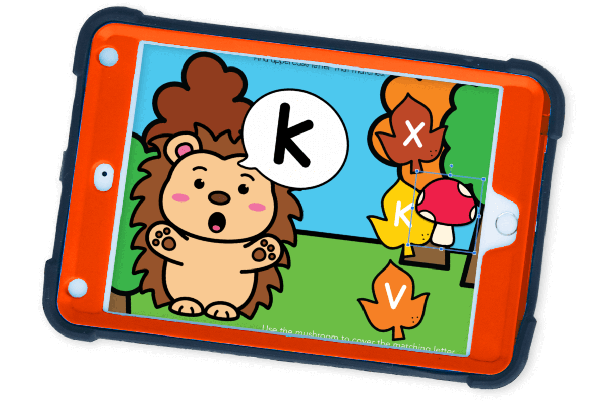 Close-up of a digital literacy slide showing a child dragging a mushroom to the correct uppercase and lowercase letter matching leaf in a fun alphabet recognition activity.