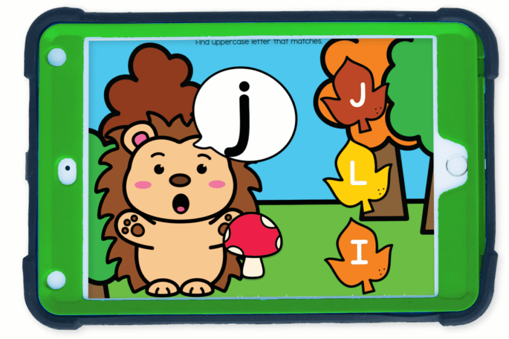 Preview of the digital alphabet lowercase and uppercase letter matching game with a forest theme, where preschoolers learn letter recognition by pairing lowercase and uppercase letters.