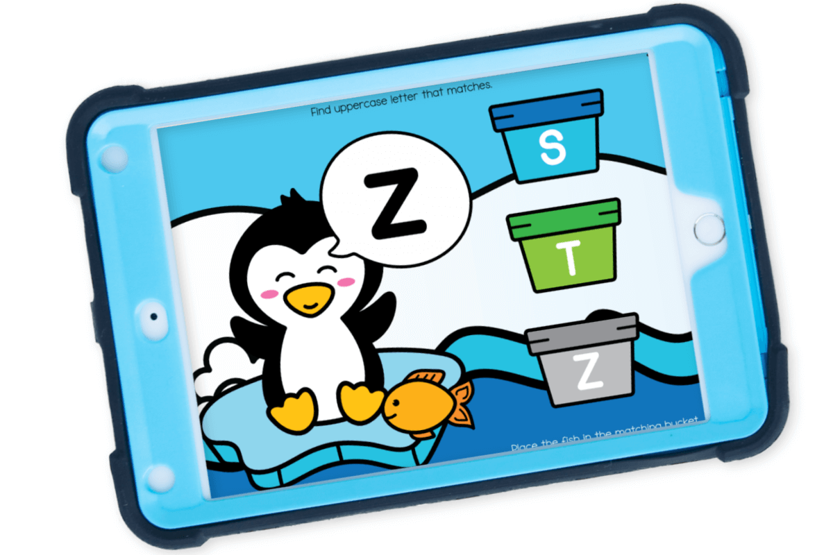 Penguin Lowercase and Uppercase Letter Matching Activity 7 Penguin lowercase to uppercase letter matching digital activity displayed on a tablet, showing a lowercase letter in a speech bubble and uppercase letter buckets for alphabet recognition practice in Google Slides and Seesaw.