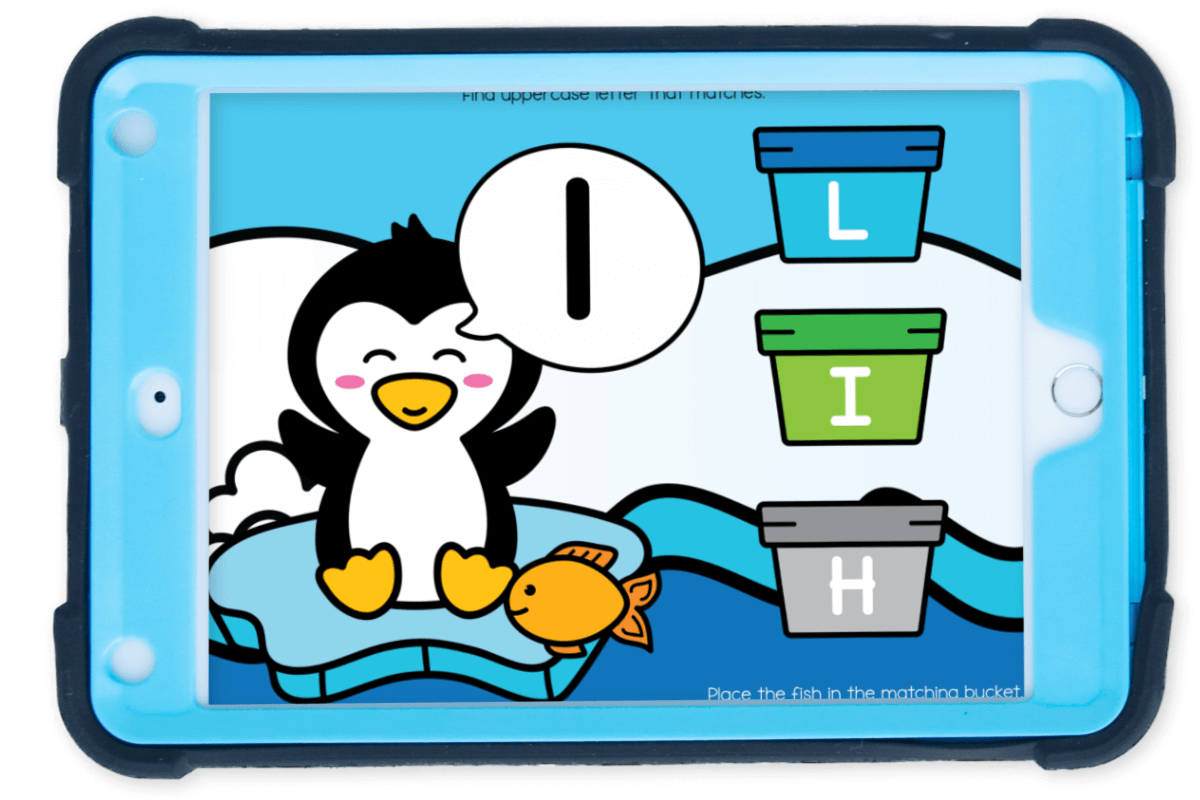 Penguin Lowercase and Uppercase Letter Matching Activity 8 Uppercase lowercase letter matching digital alphabet activity with penguin theme, helping kids match lowercase letters to uppercase buckets on a tablet screen.