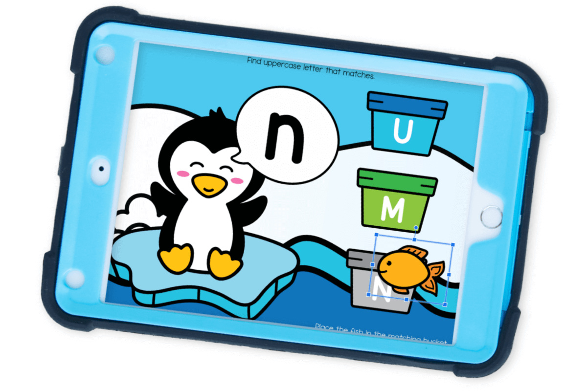 Penguin Lowercase and Uppercase Letter Matching Activity 9 Kindergarten alphabet recognition activity showing lowercase letter in penguin speech bubble and uppercase letter sorting buckets for digital letter matching practice.