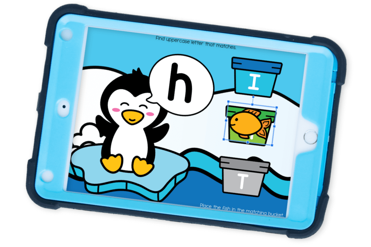 Penguin Lowercase and Uppercase Letter Matching Activity 10 Penguin lowercase uppercase matching digital activity for preschool students, practicing alphabet recognition by dragging fish to the correct uppercase letter bucket.