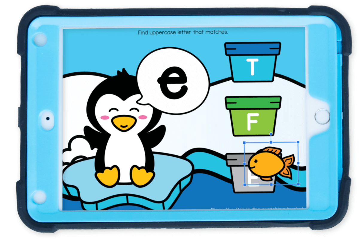 Penguin Lowercase and Uppercase Letter Matching Activity 11 Digital alphabet matching game for kids featuring penguin character, lowercase to uppercase letter matching activity designed for Google Slides and Seesaw.