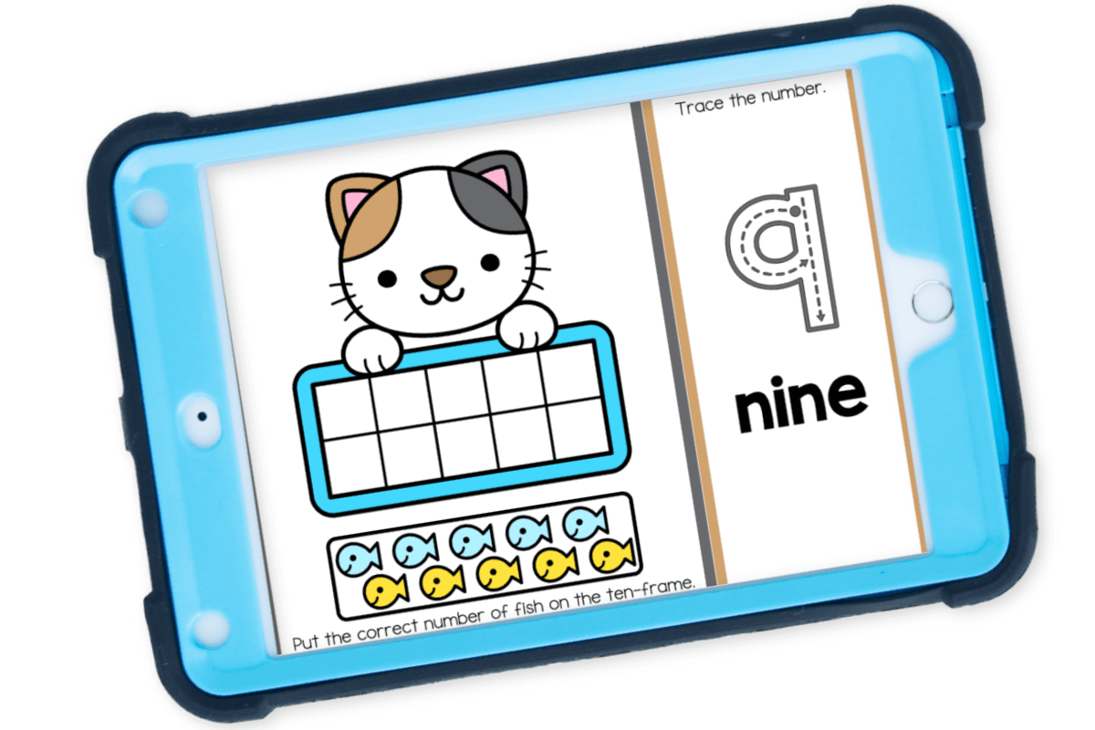 Free Pet Cat Ten Frame Counting 1-10 Activity 10 Kindergarten ten frame math activity featuring a pet cat holding a blank ten frame. Children drag fish to represent the number 9 and trace the numeral for digital counting practice.
