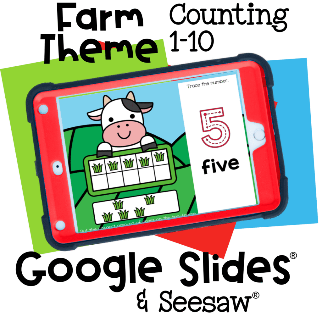 Farm cow digital counting activity on a tablet with number 5. Kids practice number recognition, tracing numbers, and one-to-one correspondence using a ten-frame with grass pieces. Ideal for Google Slides and Seesaw math centers.