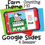 Free Farm Theme Cow Ten Frame Counting 1-10 Activity 41 Farm cow digital counting activity on a tablet with number 5. Kids practice number recognition, tracing numbers, and one-to-one correspondence using a ten-frame with grass pieces. Ideal for Google Slides and Seesaw math centers.