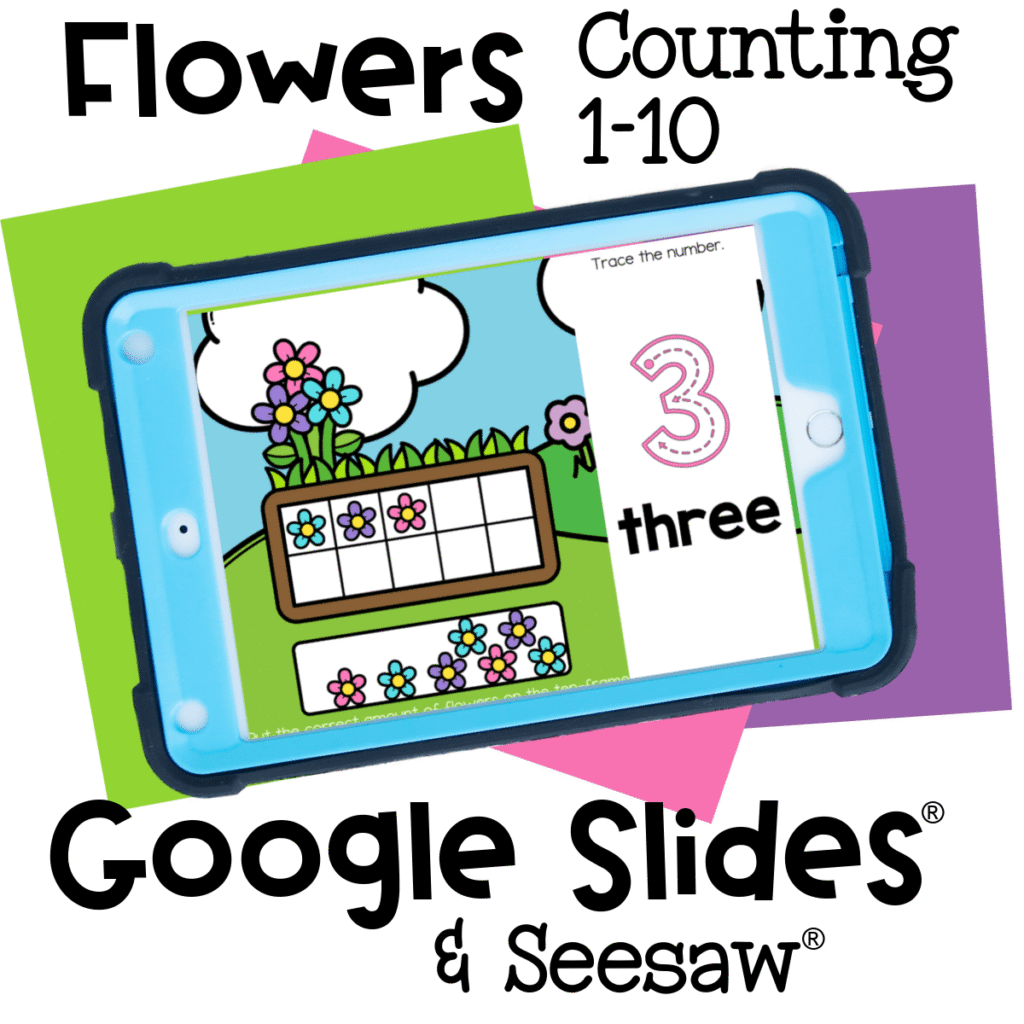 Digital math activity on a blue tablet for teaching counting 1-10 with a flowers ten frame. Google Slides and Seesaw compatible, perfect for spring-themed math practice.
