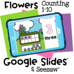 Free Spring Flowers Ten Frame Counting 1-10 Activity 18 Digital math activity on a blue tablet for teaching counting 1-10 with a flowers ten frame. Google Slides and Seesaw compatible, perfect for spring-themed math practice.