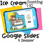 Kindergarten math center activity featuring ice cream ten frames. Children count from 1 to 10, match scoops to the correct number, and practice fine motor skills with a digital drag-and-drop activity.
