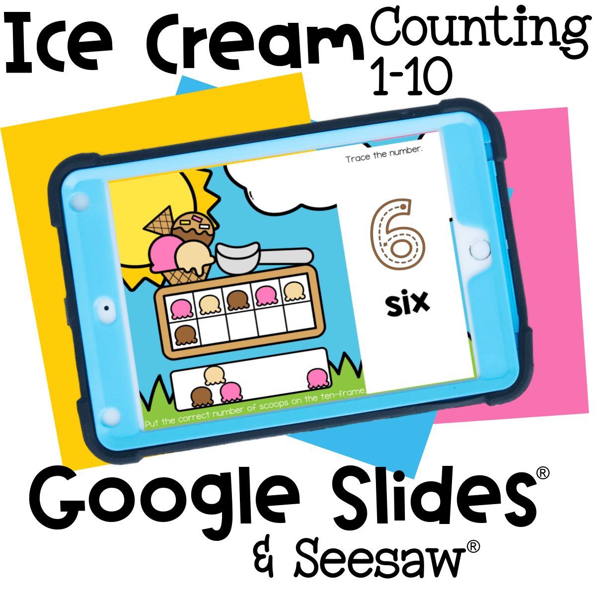 Kindergarten math center activity featuring ice cream ten frames. Children count from 1 to 10, match scoops to the correct number, and practice fine motor skills with a digital drag-and-drop activity.