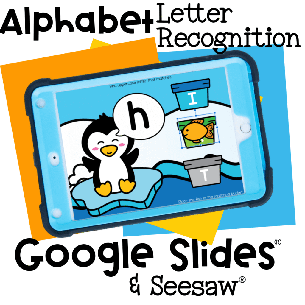 Penguin lowercase to uppercase letter matching digital activity displayed on a tablet, showing a lowercase letter in a speech bubble and uppercase letter buckets for alphabet recognition practice in Google Slides and Seesaw.