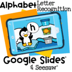 Penguin lowercase to uppercase letter matching digital activity displayed on a tablet, showing a lowercase letter in a speech bubble and uppercase letter buckets for alphabet recognition practice in Google Slides and Seesaw.