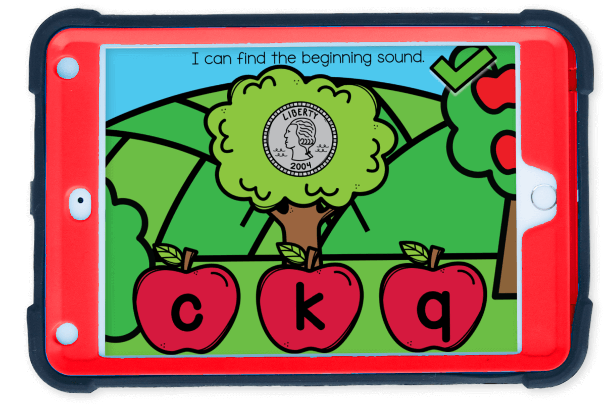 Apple Theme Beginning Sounds Matching Activity 11 Digital apple-themed phonics activity matching the letter q to a picture of a quarter for beginning sounds practice.