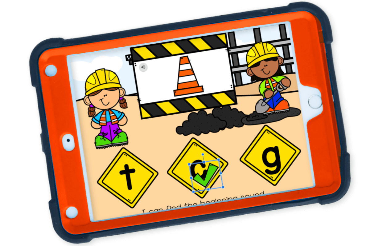 Construction Theme Beginning Sounds Matching Activity 8 Digital phonics activity for beginning sounds with a construction cone image and three lowercase letters, highlighting the correct answer โcโ for early learners.