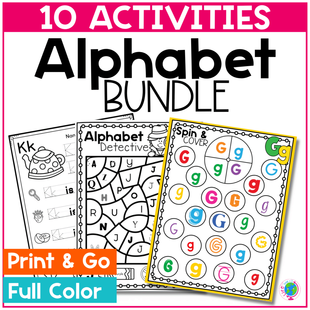 Penguin Alphabet Thank You 12 Alphabet Activities Bundle cover showing 10 print and go alphabet worksheets and games including Alphabet Detective, Spin and Cover letter recognition game, and tracing pages. Designed for preschool and kindergarten to strengthen uppercase and lowercase letter recognition and early literacy skills.