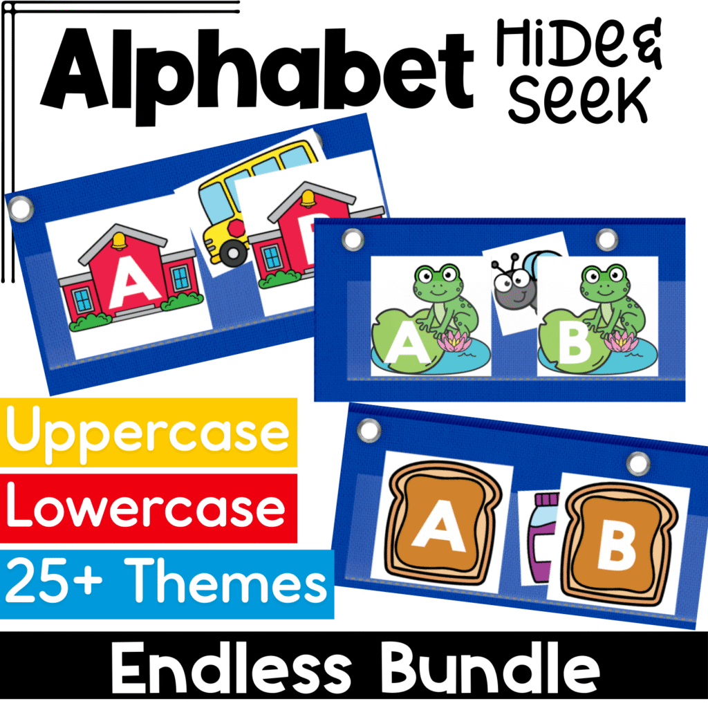 Penguin Alphabet Thank You 11 Alphabet Hide and Seek Endless Bundle digital activity with uppercase and lowercase letter recognition games in 25 plus themes. Interactive alphabet pocket chart style slides featuring school, pond, and food themes to build letter identification and beginning sound skills.