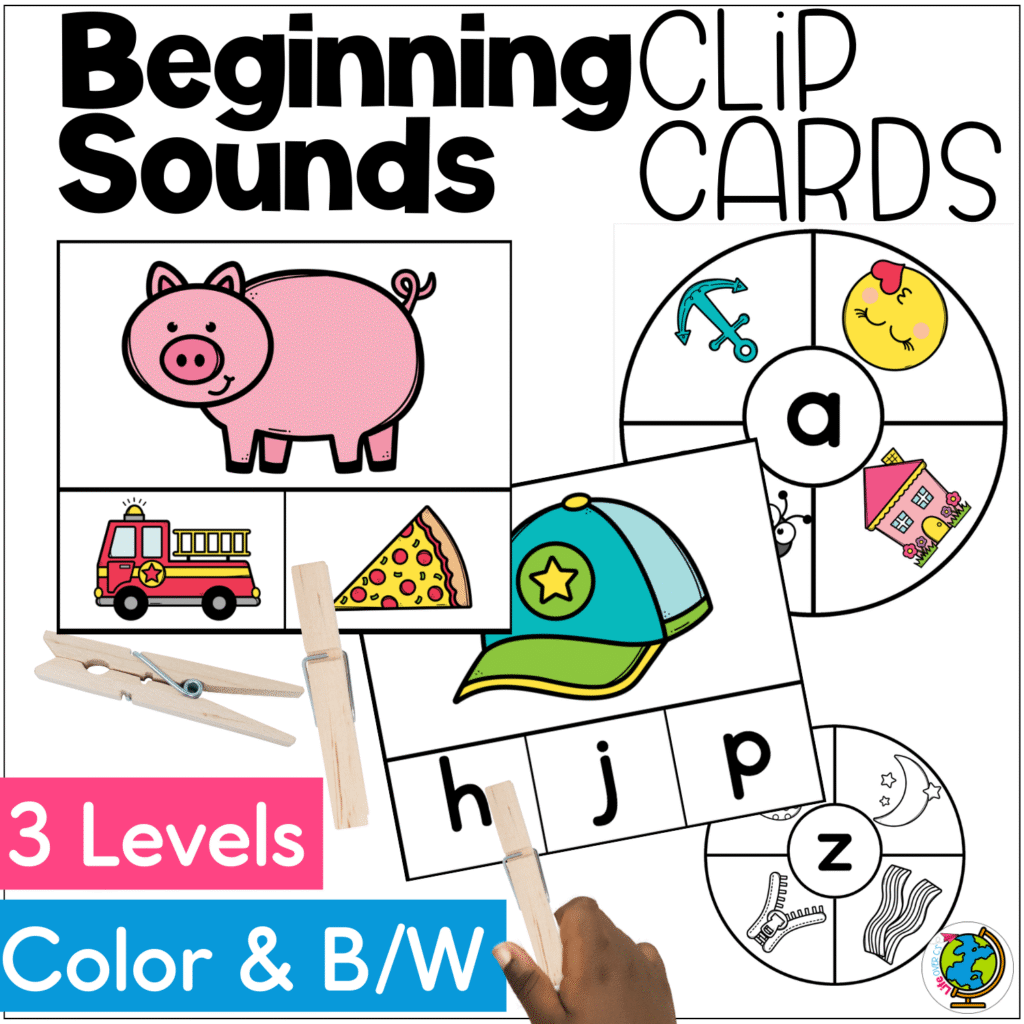 Penguin Alphabet Thank You 10 Beginning Sounds Clip Cards activity featuring picture clip cards with a pig, fire truck, pizza, and baseball cap for identifying initial sounds. Includes clothespins for fine motor practice, three differentiated levels, and both color and black and white options for preschool and kindergarten phonics centers.