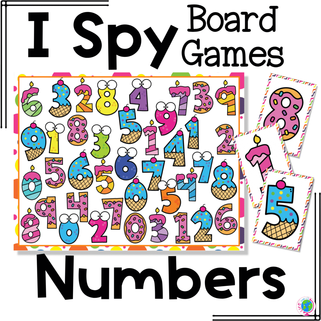 Ten Frame Counting Thank You 10 I Spy Board Game for Numbers featuring colorful ice cream themed number cards 0–9 to build visual discrimination and number recognition skills. Preschool and kindergarten math center activity with playful number graphics designed for small group and partner learning.