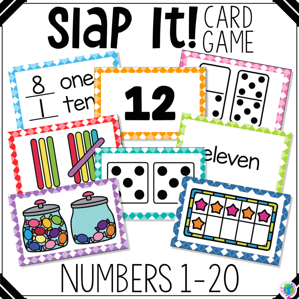 Ten Frame Counting Thank You 11 Numbers 1–20 Slap It card game for number recognition practice featuring numeral cards, ten frames, domino dots, tally marks, number words, and counting objects. Hands-on math card game for preschool and kindergarten to strengthen counting, number identification, and one-to-one correspondence.