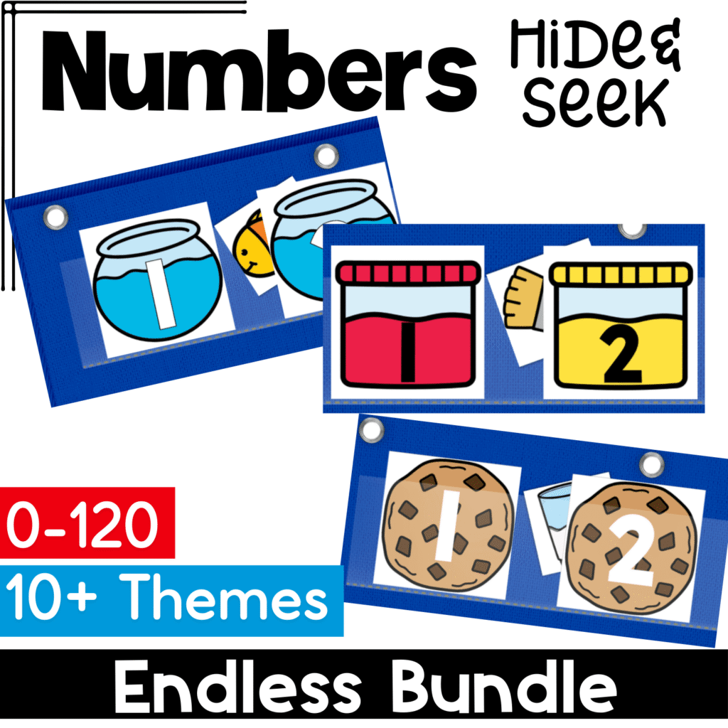 Ten Frame Counting Thank You 12 Numbers Hide and Seek Endless Bundle with interactive pocket chart style number recognition games for numbers 0–120. Includes 10 plus themed math center activities using counting jars, cookies, and visual number matching cards for preschool, kindergarten, and early elementary learners.